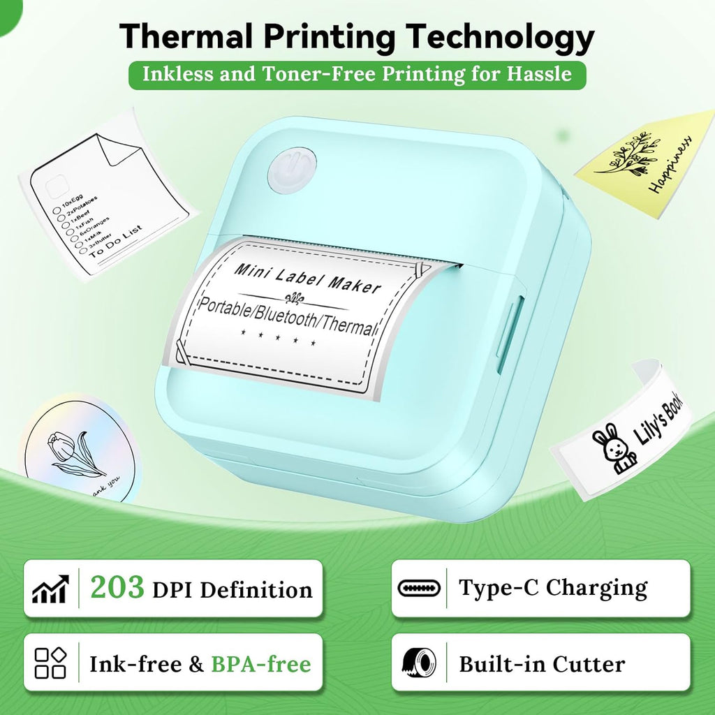 Label Maker Machine with Tape - Mini Sticker Printer Bluetooth Label Printer for Home Office Organization, Portable Thermal Sticker Maker Print Pod with Multiple Templates for Phone (Green)