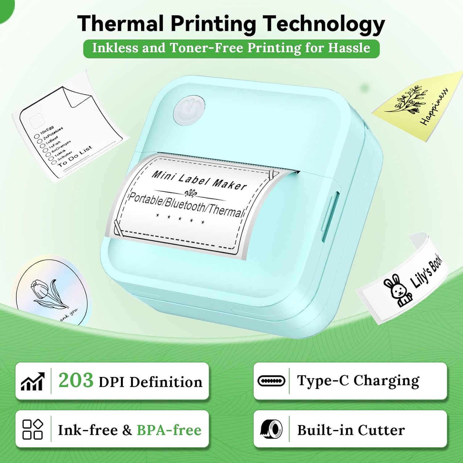 Label Maker Machine with Tape - Mini Sticker Printer Bluetooth Label Printer for Home Office Organization, Portable Thermal Sticker Maker Print Pod with Multiple Templates for Phone (Green)