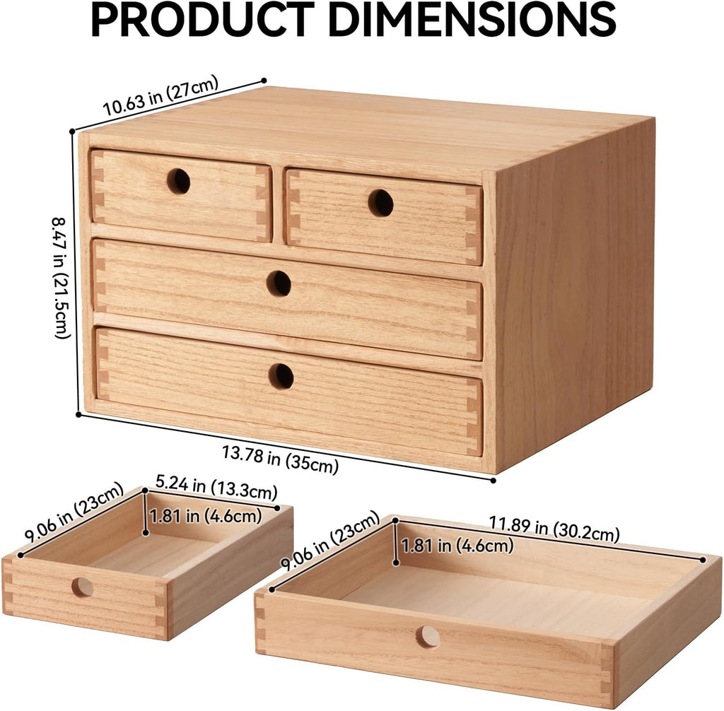 Kirigen Natural Wood Desktop Organizers with Drawers - Home Workspace Office Supplies Wooden Storage Box Shelf Case - Hold Makeup Box (NA, 3-Layer &4 Drawers)
