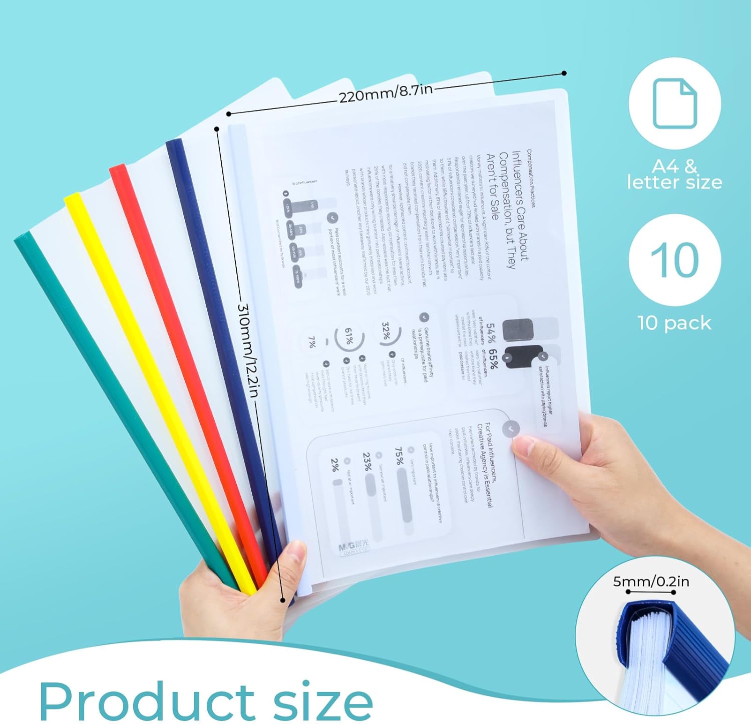 M&G 10 Pack Report Covers with Sliding Bar, 5mm Clear Report Covers for A4 and Letter Size Paper, 35 Sheet Capacity, Presentation File Folder Document Binder for School Office (Colored Sliding Bar)