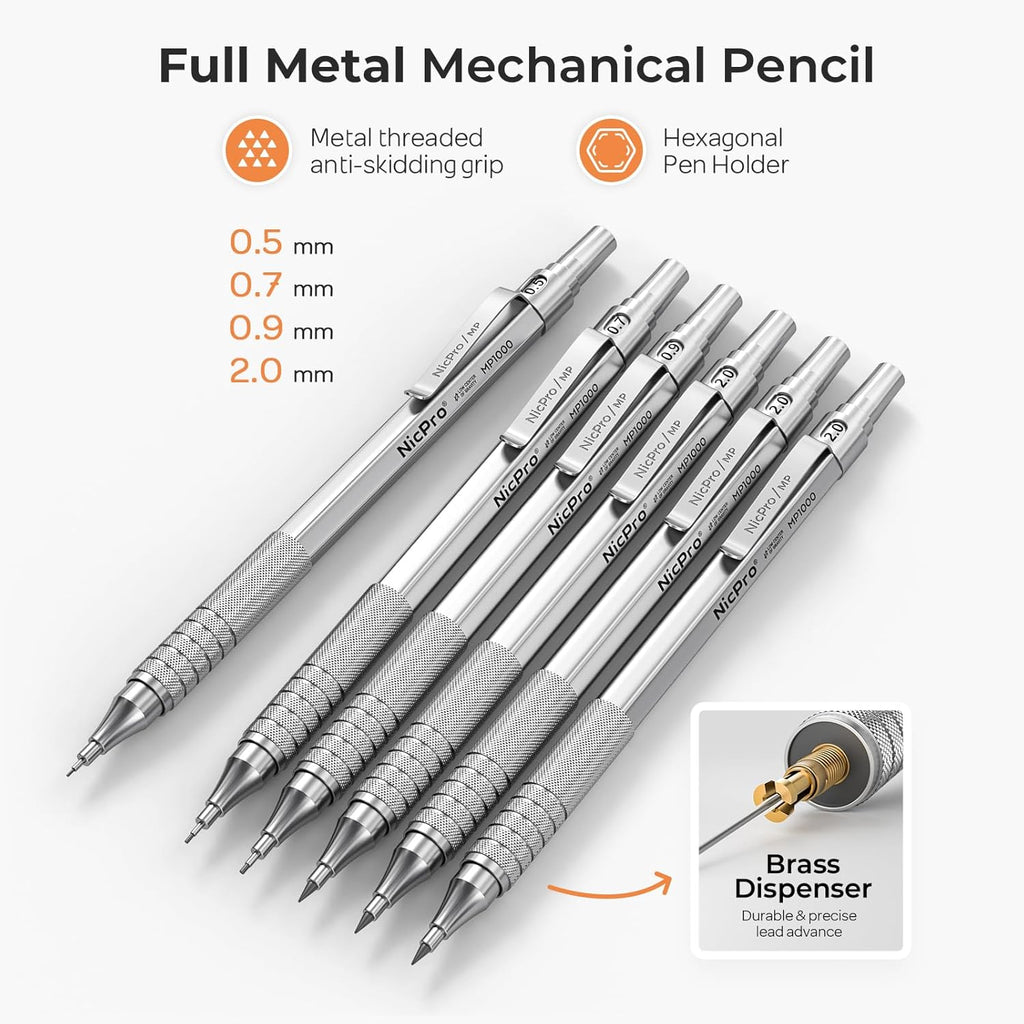 Nicpro 20PCS Metal Mechanical Pencil Set in Leather Case, Art Drafting Pencil 0.3, 0.5, 0.7, 0.9 mm & 2mm Lead Holders, 9 Tube (4B 2B HB 2H Colors) Lead Refills, Erasers For Sketching Drawing