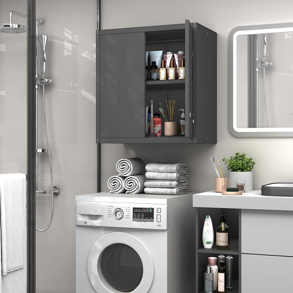 GREATMEET Metal Garage Storage Cabinet with Lock, Metal Wall Cabinets for Garage, Wall Mount Cabinet, Upper Cabinets Wall Mounted, Utility Cabinet with Adjustable Shelf, Black