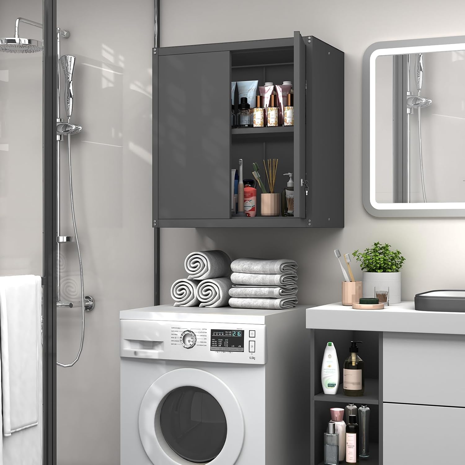 GREATMEET Metal Garage Storage Cabinet with Lock, Metal Wall Cabinets for Garage, Wall Mount Cabinet, Upper Cabinets Wall Mounted, Utility Cabinet with Adjustable Shelf, Black