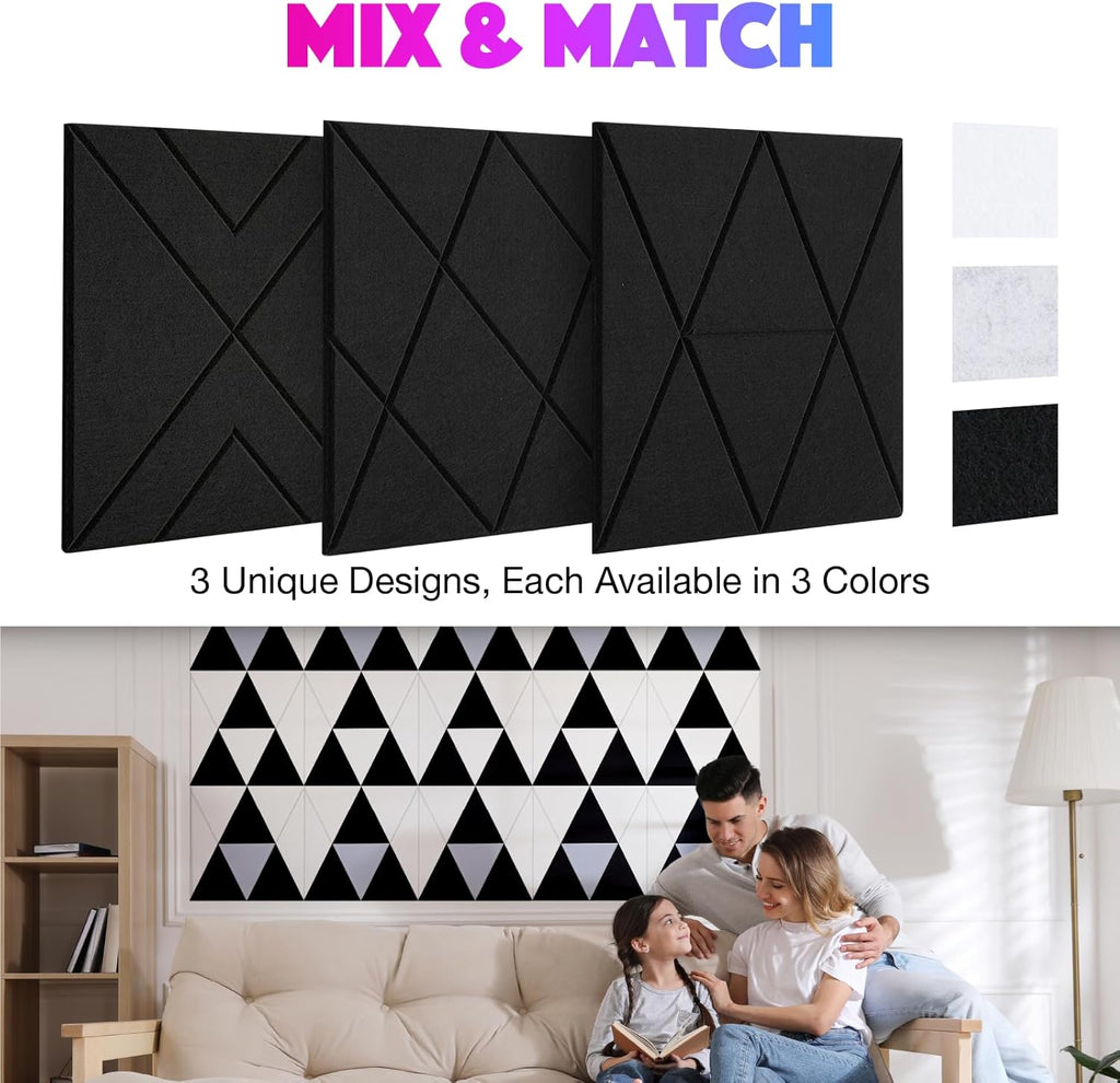 18 Pack Self-Adhesive Acoustic Panels, 12"x 12"x 0.4" Sound Absorbing Panels, High Density Square Sound Proof Noise Dampening Panels for Walls Home Studio Office, Trapezium Cutting Style, Black