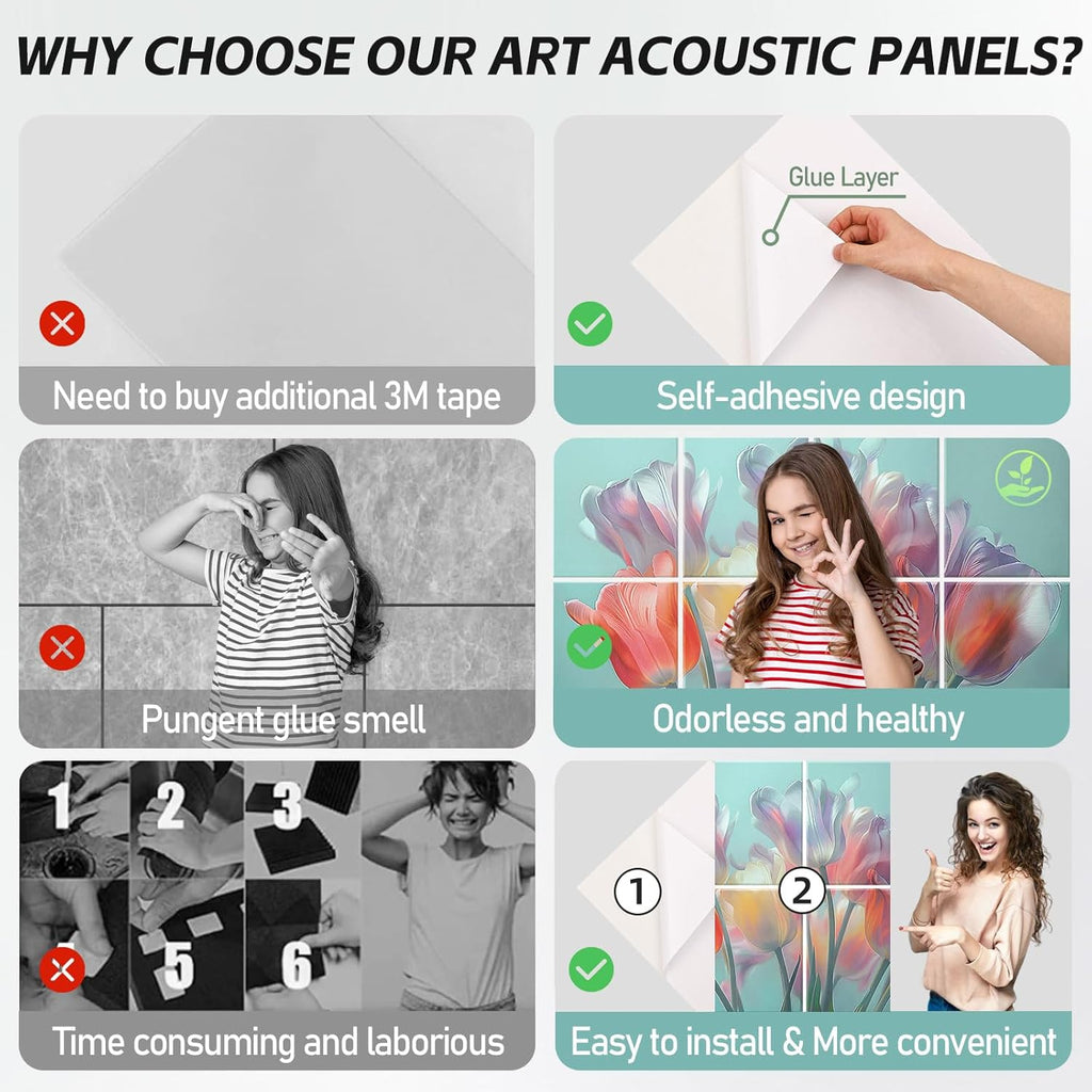 8 Pack Art Acoustic Panels, 48"X32" Self-adhesive Soundproof Wall Panels, Decorative Sound Absorbing Panel, Acoustic Treatment for Studio, Home, Office (Colorful Tulips)