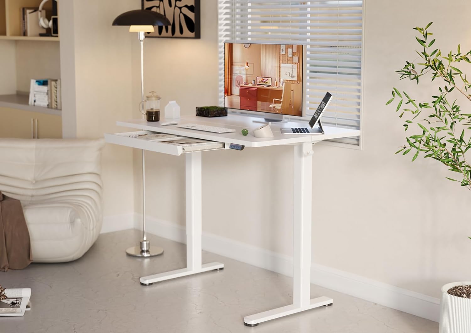 YDN Standing Desk with Drawers, 48 x 24 Inch White Standing Desks Electric Adjustable Height Desk for Computer Workstations, White