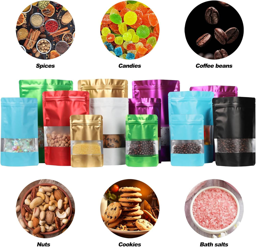 100 Pack Smell Proof Bags, Resealable Mylar Bags with Matte Window, Foil Pouch Stand-up Bags for Food Self Sealing Storage, Scratch Resistant Hand Storage Bags. (Gold, 5.9×8.6 Inch)