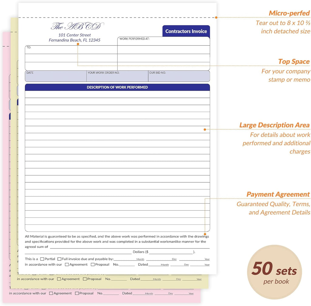 Large Contractor Invoice Book, Invoice Receipt Book for Small Business, 3 Part Carbonless Work Order Estimate Forms, 8x11 in, 50 Sets