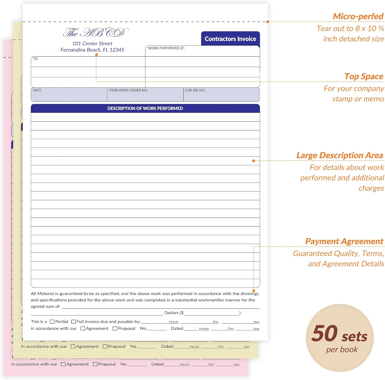 Large Contractor Invoice Book, Invoice Receipt Book for Small Business, 3 Part Carbonless Work Order Estimate Forms, 8x11 in, 50 Sets
