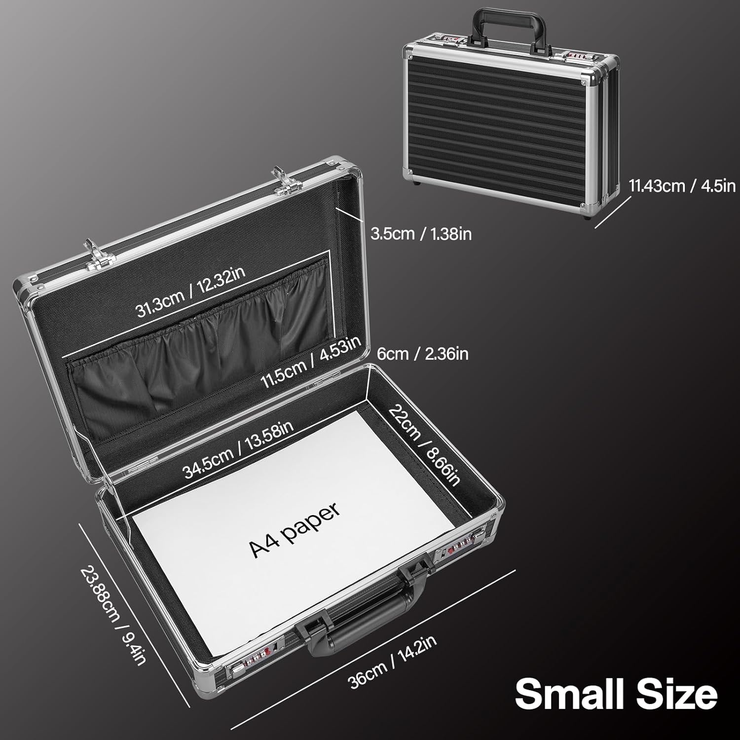 Medium Portable Locking Storage Totes - 14.2 x 9.8 x 4.5 Inch, Black, Modern Aluminum Storage Box with Dual Combination Locks