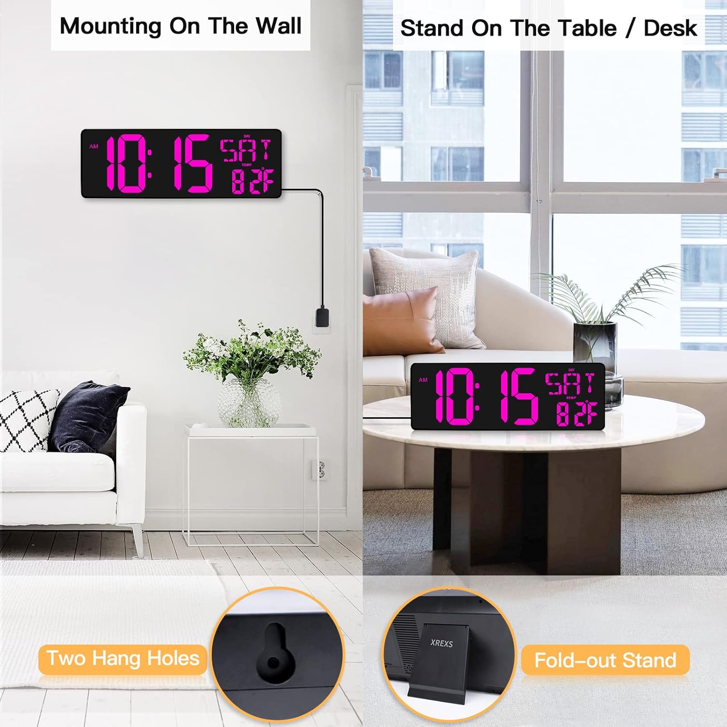 XREXS Large Digital Wall Clock with Remote Control, 16.5 Inch LED Large Display Count Up & Down Timer, Adjustable Brightness Alarm Clock with Day/Date/Temperature for Living Room, Bedroom, Office, Gym