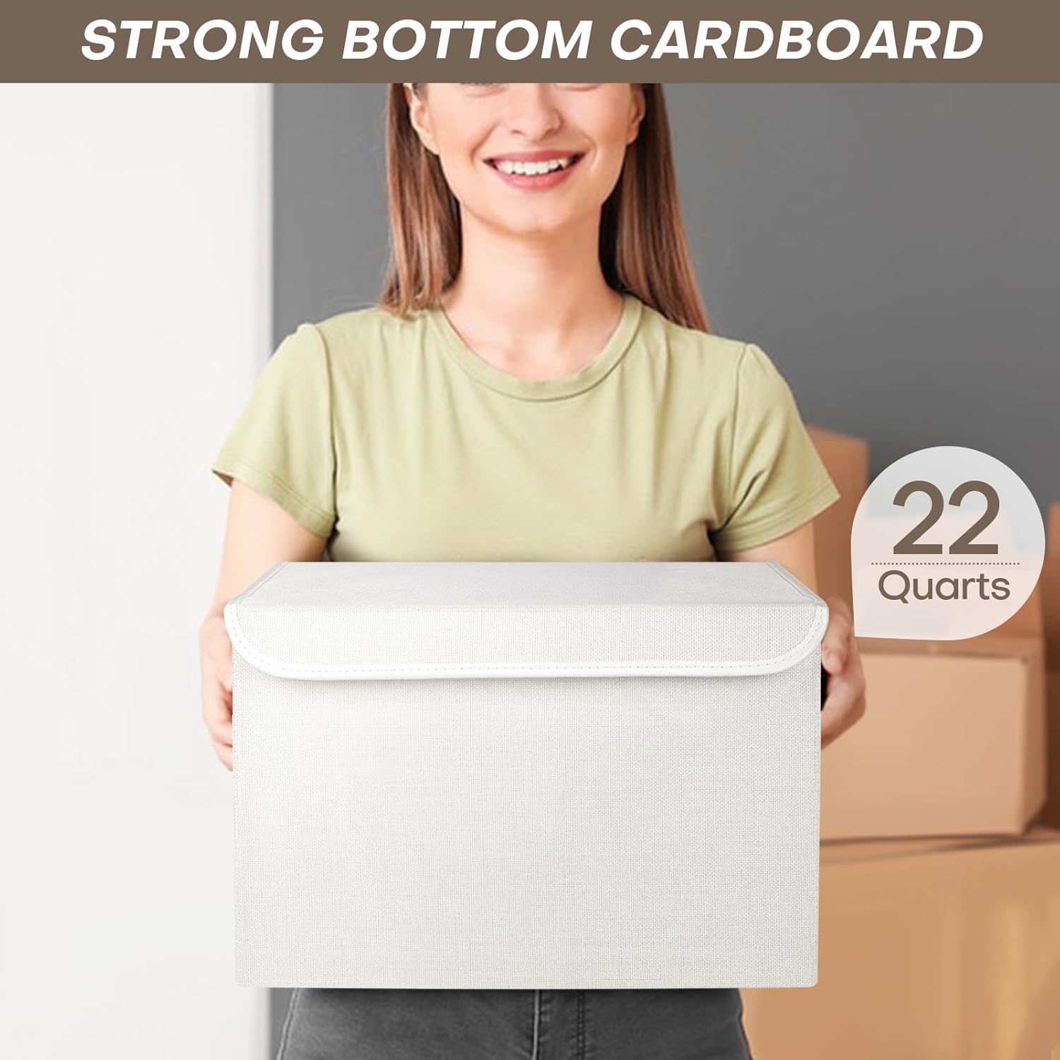 Large 22 Quart Linen Fabric Foldable Storage Bin Cube Organizer Basket with Flip-Top Lid & Handles, Clothes Blanket Box for Home, Office, Closet, White, 4 Pack 14.6 x 9.5 x 9.5”