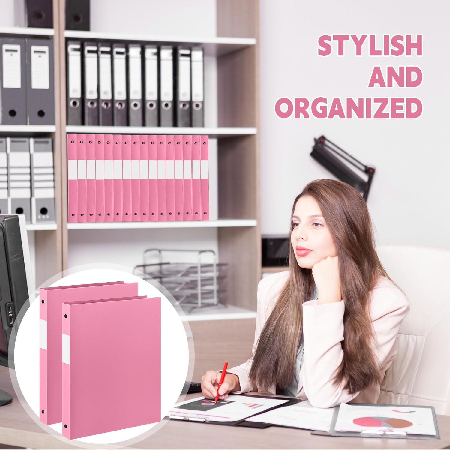 Henoyso 16 Pcs 3 Ring Binder 1/2'' Round Fits Letter Size 8. 5'' x 11'' Paper Plastic Flexible Binder Holds 100 Sheets with 1 Pockets Versatile Organizer for Office Home School (Pink)