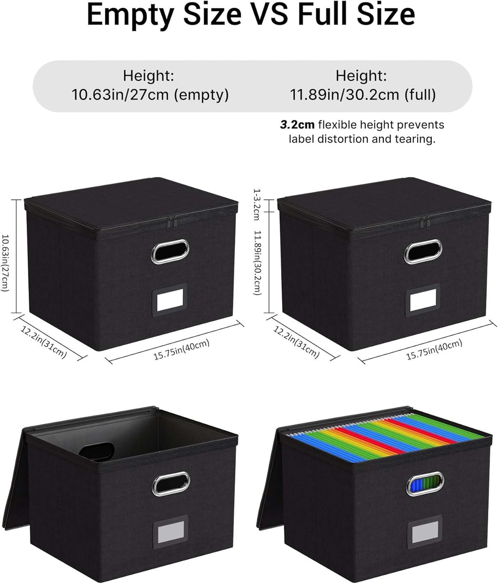 Oterri 2 Pack Large File Organizer Boxes with Lids, File Box with Mesh Pockets, Document Organizer Box for Letter/Legal Size Folders, Zippers Important Document Organizer (Black, Without Folders)