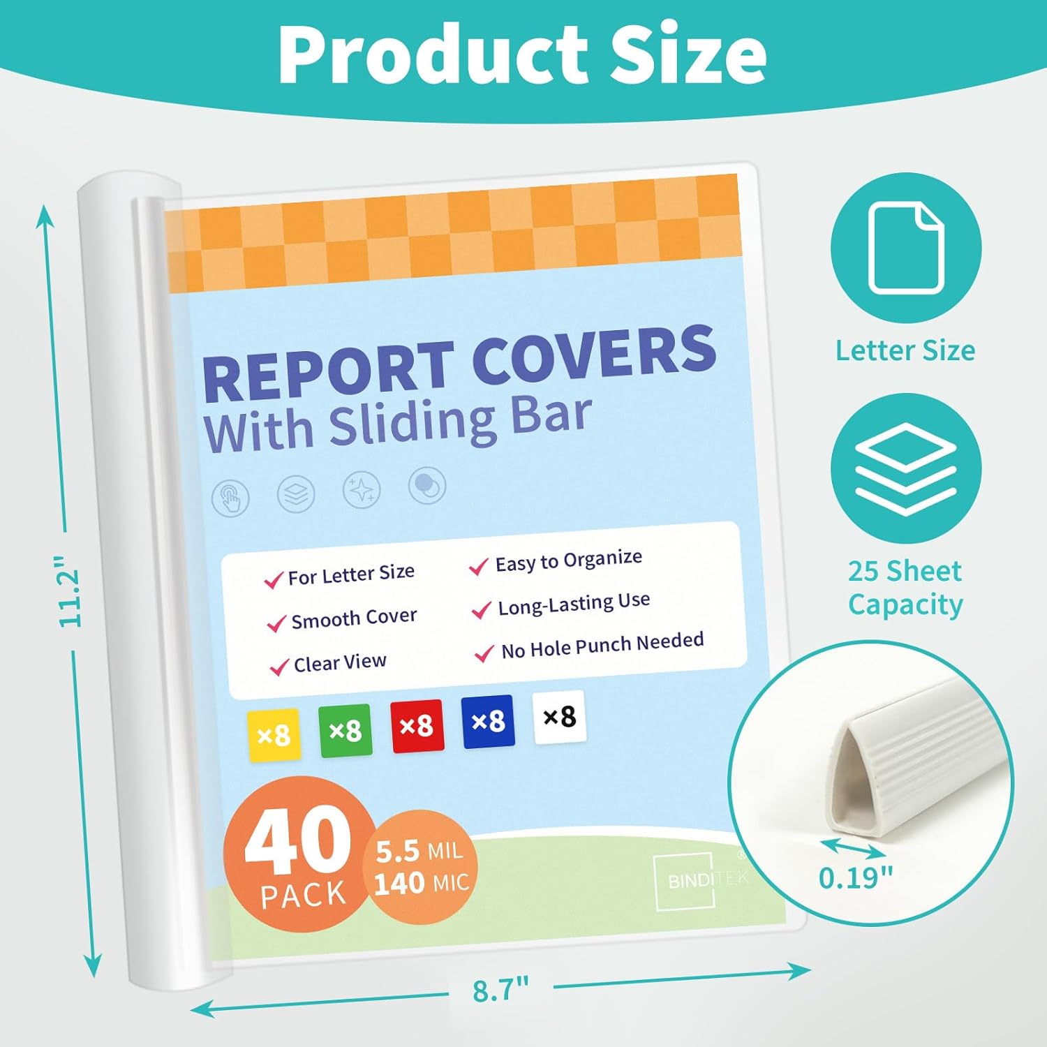 Binditek 40 Pack Clear Report Covers with Sliding Bars, 25 Sheet Capacity, 5mm Sliding Bar File Folder, Letter Size, 5.5 Mil Thick, 5 Assorted Colors, for Students and Coworkers