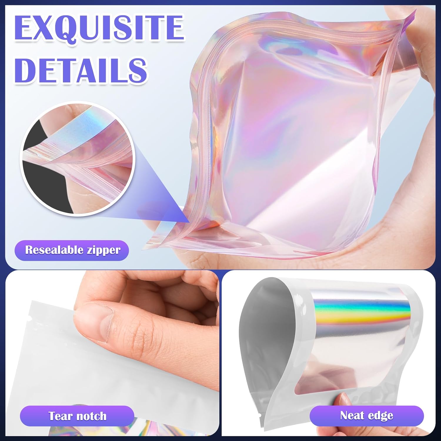Mylar Bags, 100 PCS Holographic Bags, White Smell Proof Bag with Front Window, Small Business Packaging Supplies, Resealable Bag for Food Storage, Bracelets, Jewelry, Sample （4x6in）