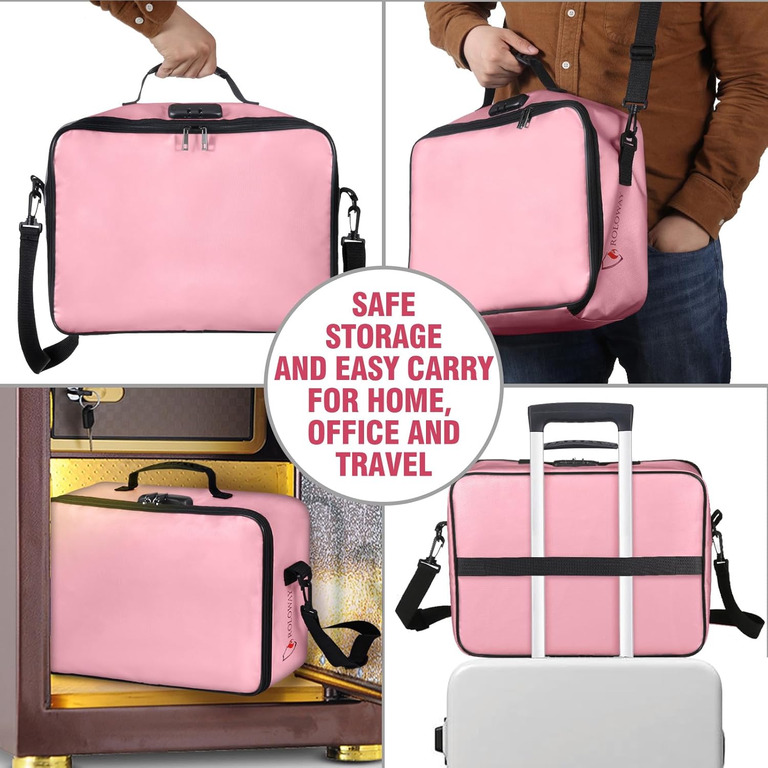 ROLOWAY Fireproof Document Bag with Lock (17 x 11.8 x 5 inch), Important Document Storage Bag with Multi-Layer File Organizers (Pink)