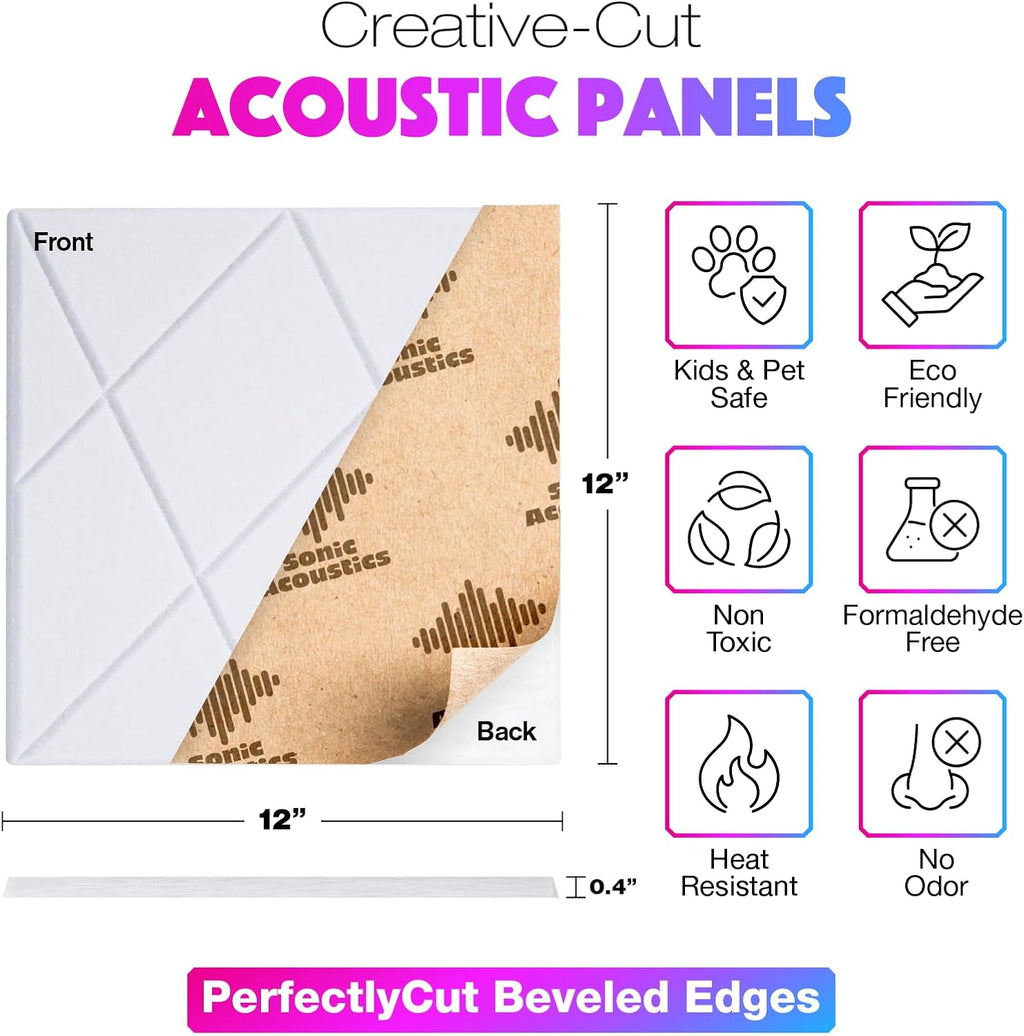 18 Pack Self-Adhesive Acoustic Panels, 12"x 12"x 0.4" Sound Absorbing Panels, High Density Square Sound Proof Noise Dampening Panels for Walls Home Studio Office, Rhombus Cutting Style, White