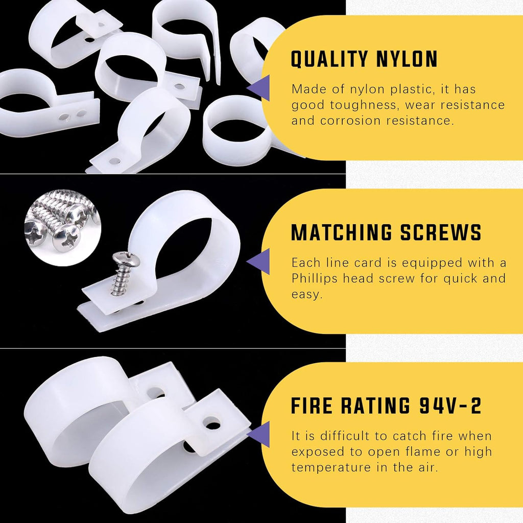 Swpeet 60 Pack White 1 Inch Nylon Plastic R-Type Cable Clips Clamp Kit, Nylon Screw Mounting Cord Fastener Clips with 60 Pack Screws for Wire Management