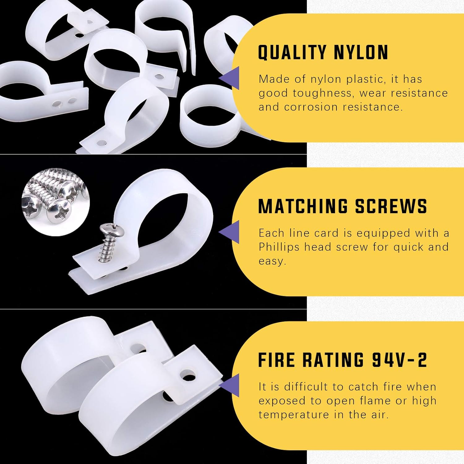 Swpeet 60 Pack White 1 Inch Nylon Plastic R-Type Cable Clips Clamp Kit, Nylon Screw Mounting Cord Fastener Clips with 60 Pack Screws for Wire Management