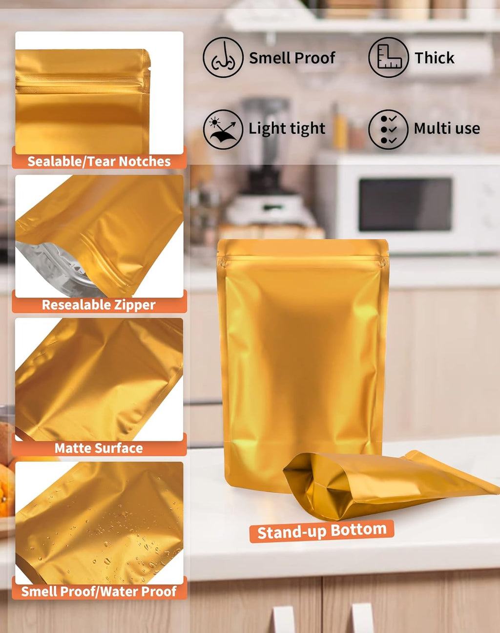 100 Pack Resealable Stand Up Bags,7.9" x 11.8" Smell Proof Pouch Sealable Foil Pouch Bags for Packaging (Gold)