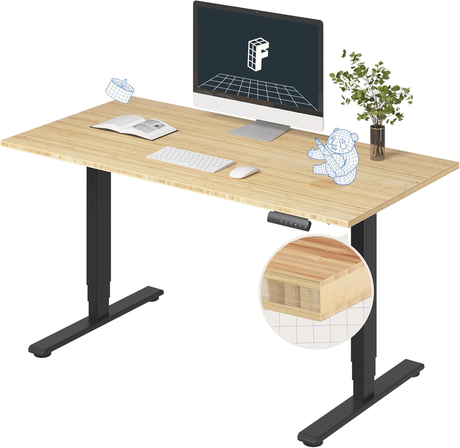 FLEXISPOT E6 Essential Bamboo 3 Stages Dual Motor 55x28 Inch Electric Height Adjustable Standing Whole-Piece Board Desk Sit Stand Up Desk (Black Frame + Bamboo Desktop)