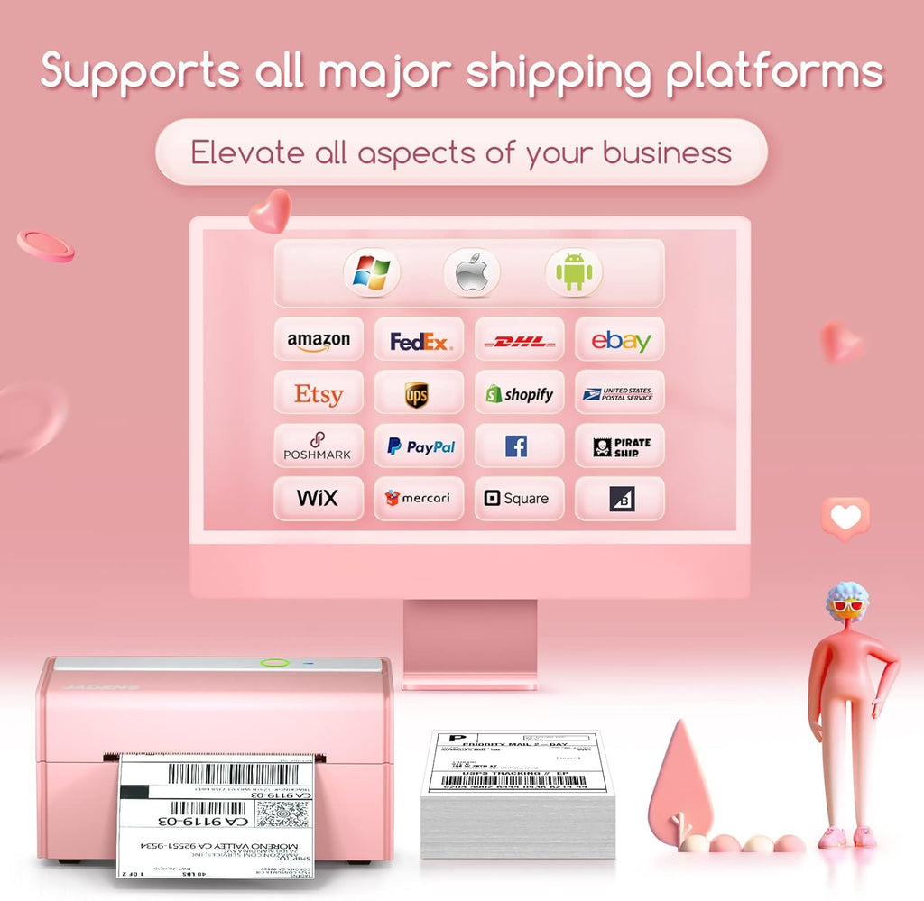 JADENS Bluetooth Thermal Label Printer -Wireless Shipping Label Printer for Small Business & Package, USPS, Etsy, Amazon, Compatible with iPhone, iPad, Mac, Windows, Android, 4x6, Label Maker, Pink