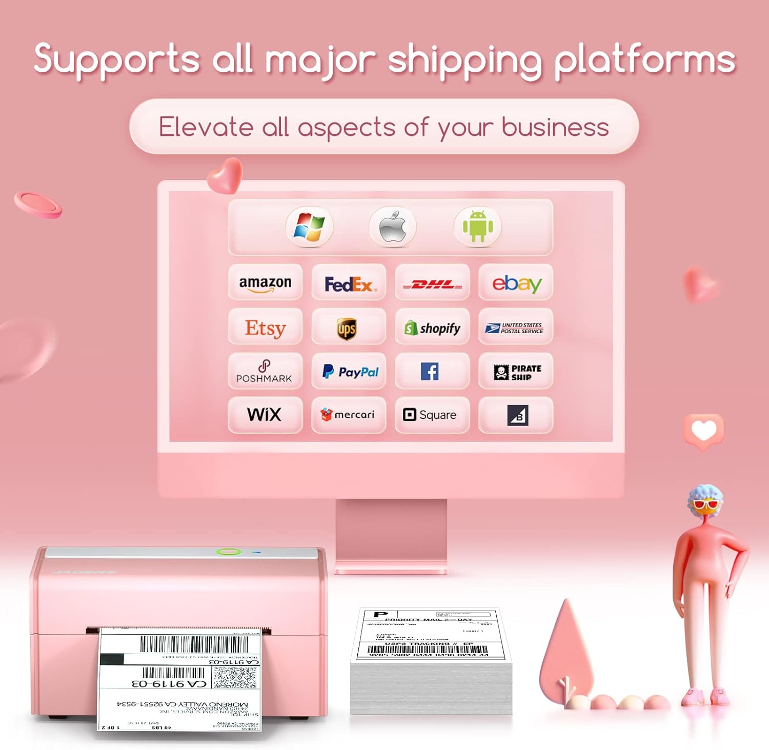 JADENS Bluetooth Thermal Label Printer -Wireless Shipping Label Printer for Small Business & Package, USPS, Etsy, Amazon, Compatible with iPhone, iPad, Mac, Windows, Android, 4x6, Label Maker, Pink