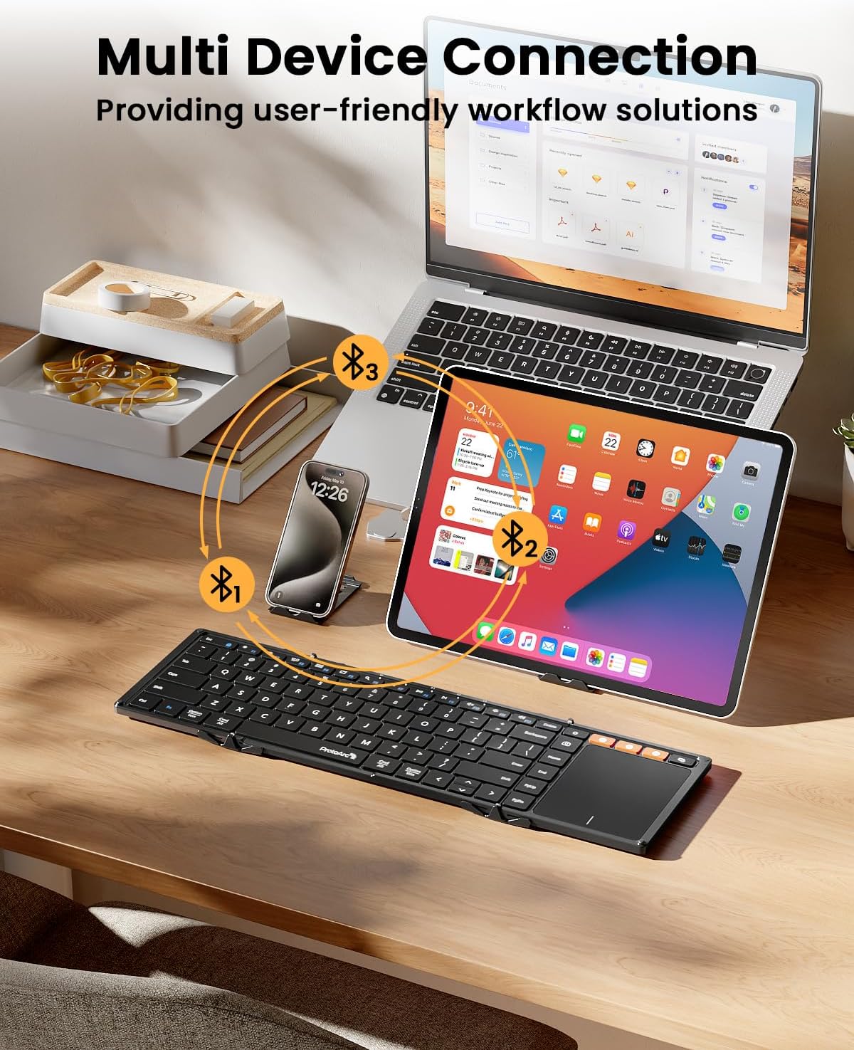 ProtoArc Foldable Keyboard with Touchpad, XK01 TP Folding Portable Keyboard, Full Size Keys, Large Trackpad Bluetooth Travel Keyboards for Laptop PC Tablet - Black