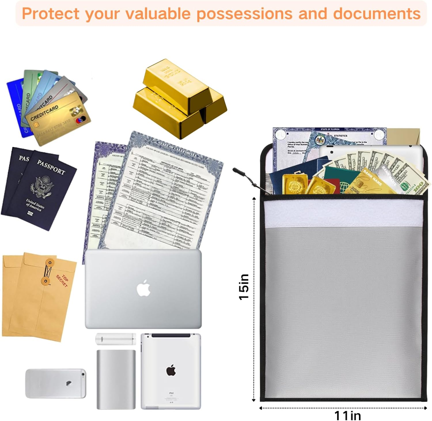Fireproof Document Bag – Waterproof Fireproof Money Bag for Cash with Zipper, Fireproof Pouch for Important Document Storage | Fireproof Bags for Documents,Money (2 pack Gray, 15“ x 11")