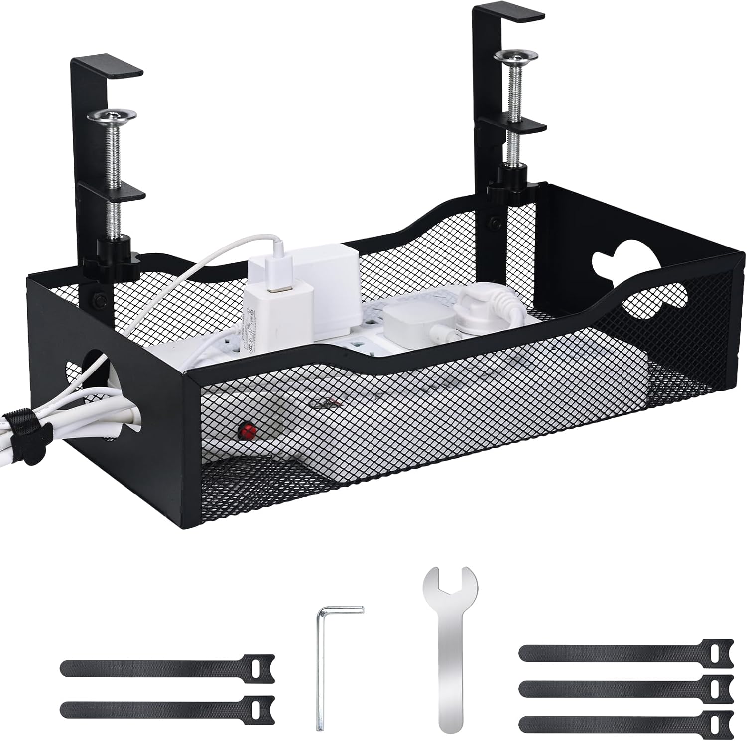 Large Under Desk Cable Management Tray - Heavy Duty Metal Cord Organizer with No Drill Installation for Office & Home Office Desks to Hide Wires & Power Strips (Black, XL)