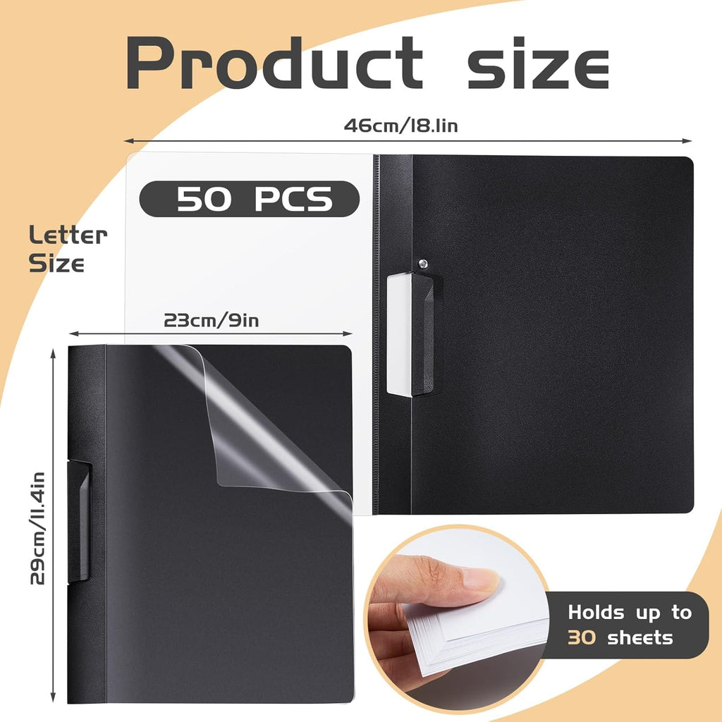 Maitys 50 Pack Clear Report Covers with Clip 11.4 x 9 Inch Presentation Folders Transparent Front Portfolio Folders for Letter Size(Black)