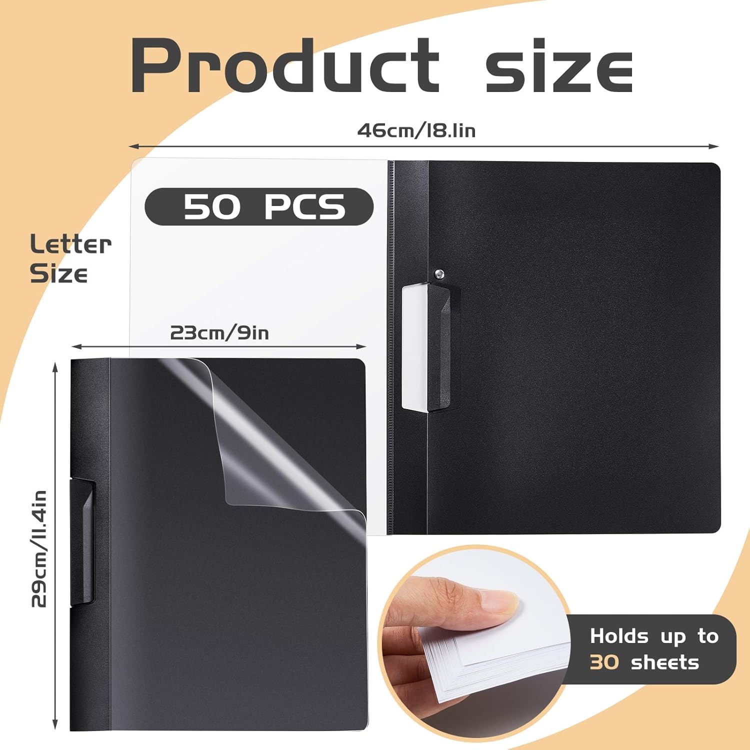 Maitys 50 Pack Clear Report Covers with Clip 11.4 x 9 Inch Presentation Folders Transparent Front Portfolio Folders for Letter Size(Black)
