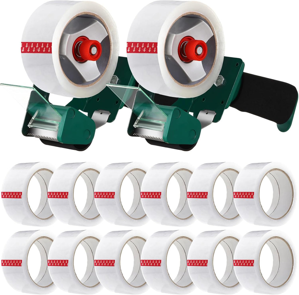 2 Pack Packing Tape Dispenser Gun with 12 Roll Packing Tape 2 Inch Gun 2.7 Mil Heavy Duty Packaging for Shipping, Moving, Carton and Box Sealing (Green)