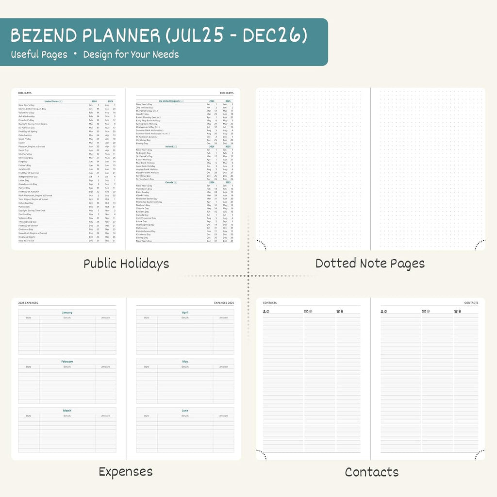 BEZEND Planner 2025-2026 Weekly and Monthly, 8.5" x 11" Academic Calendar (Jul 25-Dec 26) Vertical Daily Appointment with Hourly Timeslot & Monthly Tab, Spiral, PU Leather Softcover - Kiwi