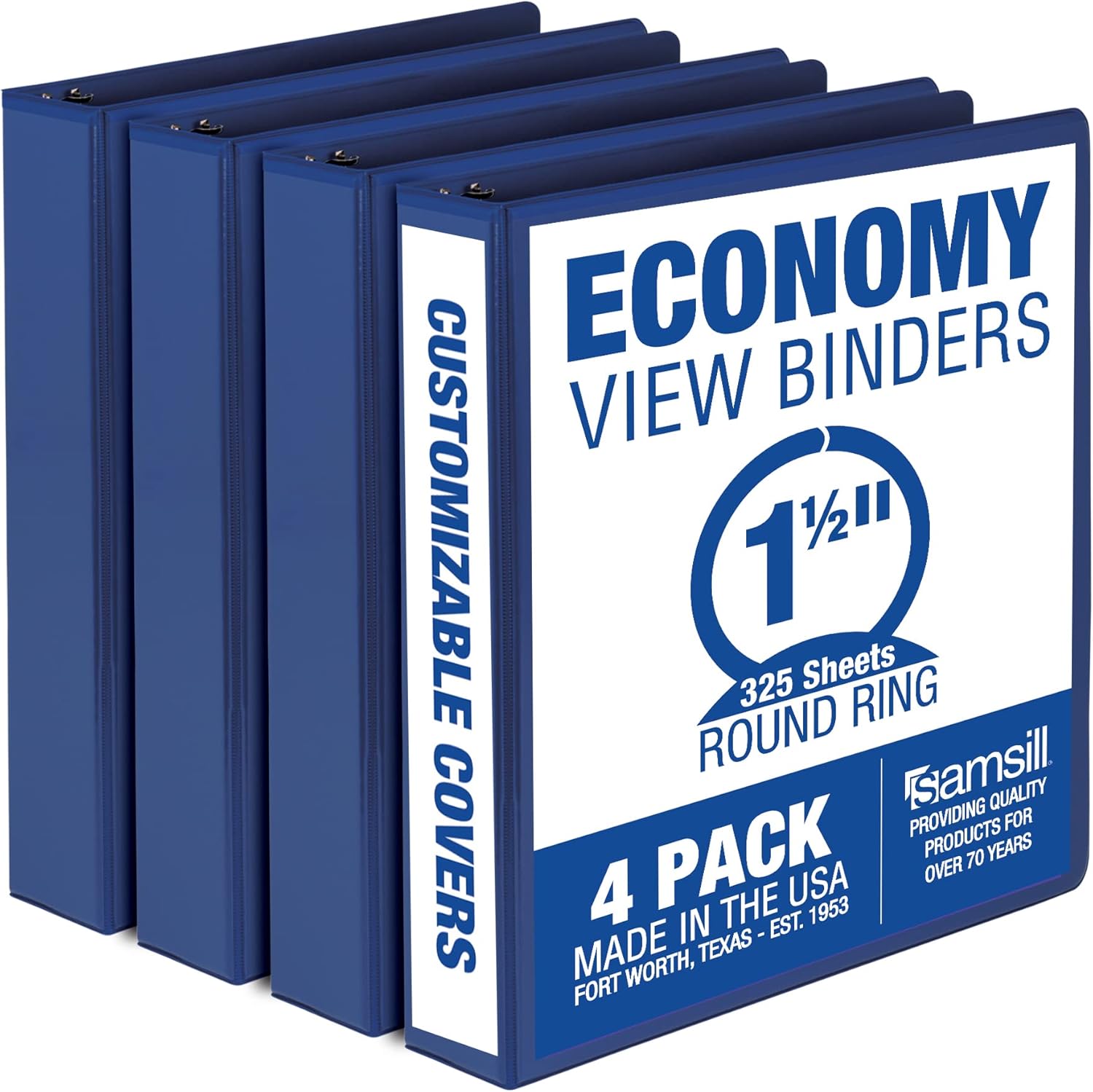 Samsill 1.5 Inch 3 Ring Binders, Made in USA, Economy Round Ring, Clear View Cover, 325 Sheet Capacity - for School, Home, Office - Blue, 4 Pack