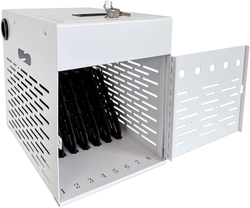 8-Device Tablet Charging Station, Lockable Steel Case Fits 14" Chromebooks, iPads, Laptops & Tablets, Secure Storage with 2 Keys, Ideal for Classrooms, Offices & Hospitals, White