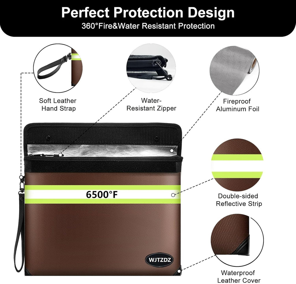 6500°F Fireproof Document Bag, Upgraded Fireproof/Waterproof Money Bag with Zipper/Reflective Strip,Storage Pouch for A4 Letter Size Document,Cash,Cell Phone,Passport