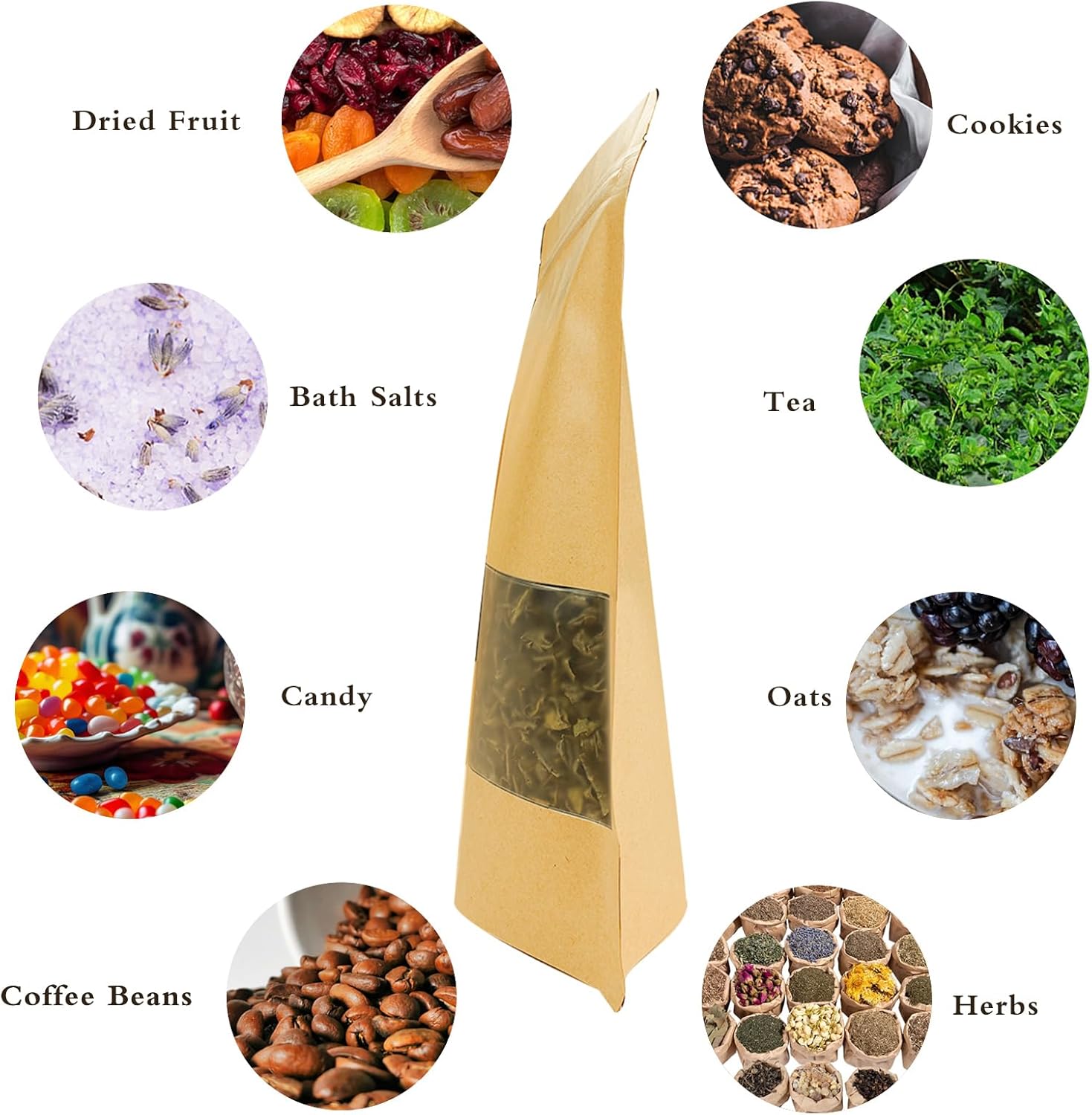 100 PCS Resealable Bags, Stand Up Kraft Paper Bags with Matte Window, Zipper Lock Food Storage Bags for Small Business and Home, 6.29 * 8.66 Inches Reusable Sealable Bags for Packaging