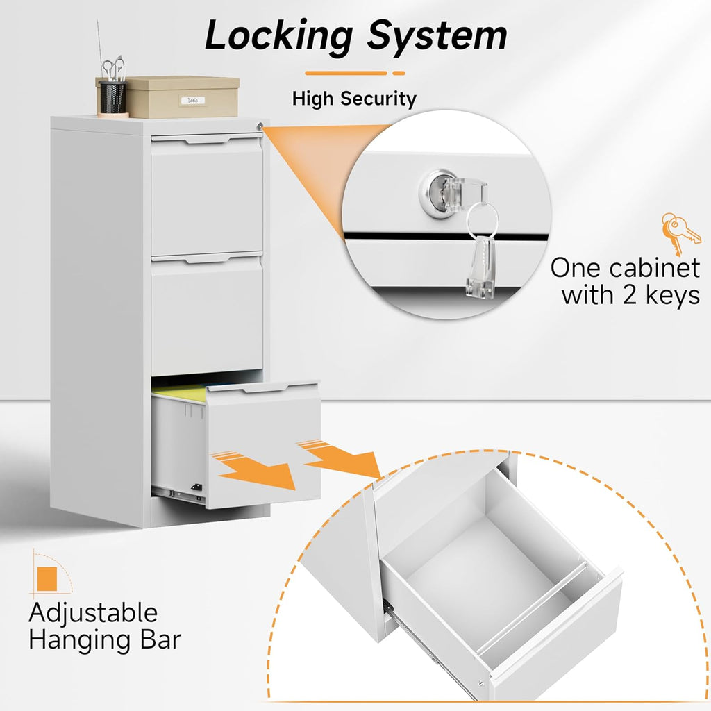 Bestoo 17.8" D File Cabinet, 3 Drawer Metal Filing Cabinets with Lock, Locking Vertical File Cabinet for Letter/Legal/A4/F4 Size, Easy Assemble (White)