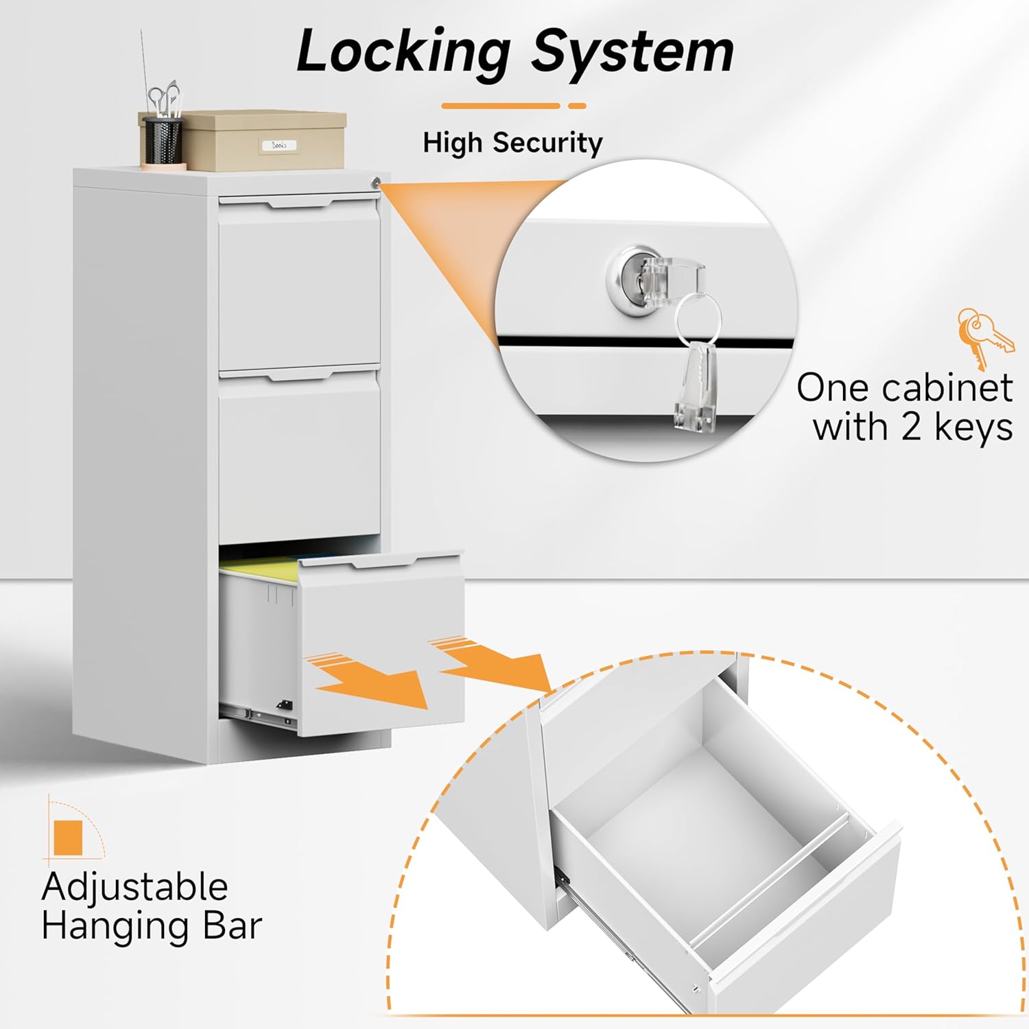 Bestoo 17.8" D File Cabinet, 3 Drawer Metal Filing Cabinets with Lock, Locking Vertical File Cabinet for Letter/Legal/A4/F4 Size, Easy Assemble (White)
