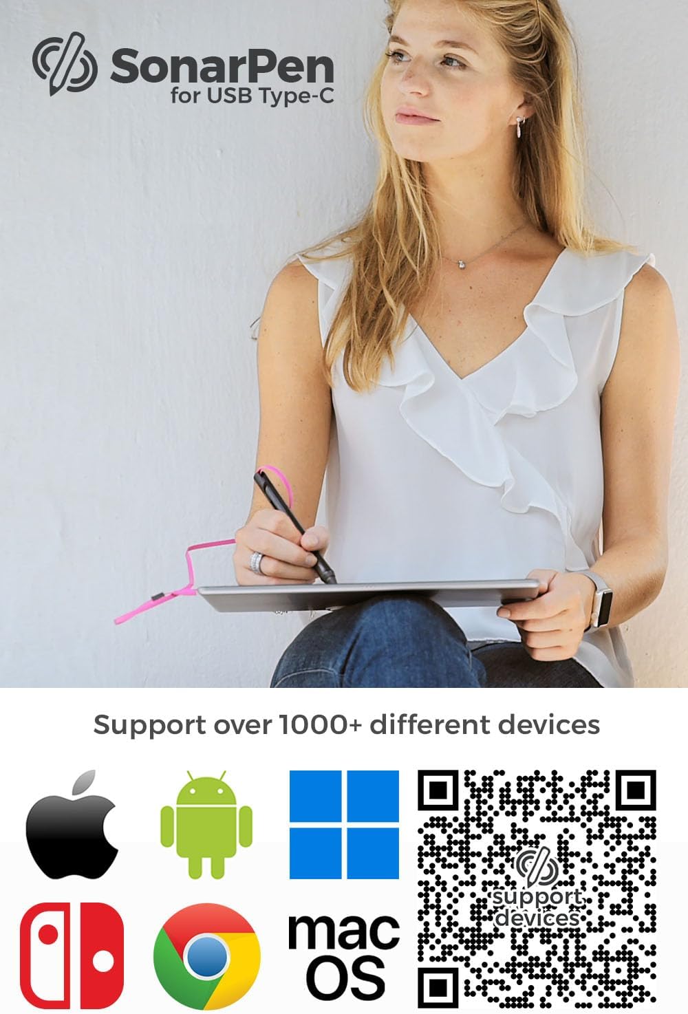 SonarPen (USB C): Pressure Sensitive Stylus Pen, with Palm Rejection and Shortcut Button. Battery-Less. Compatible with Apple iPhone/iPad/Android/Switch/Chromebook/Windows/Mac (White)