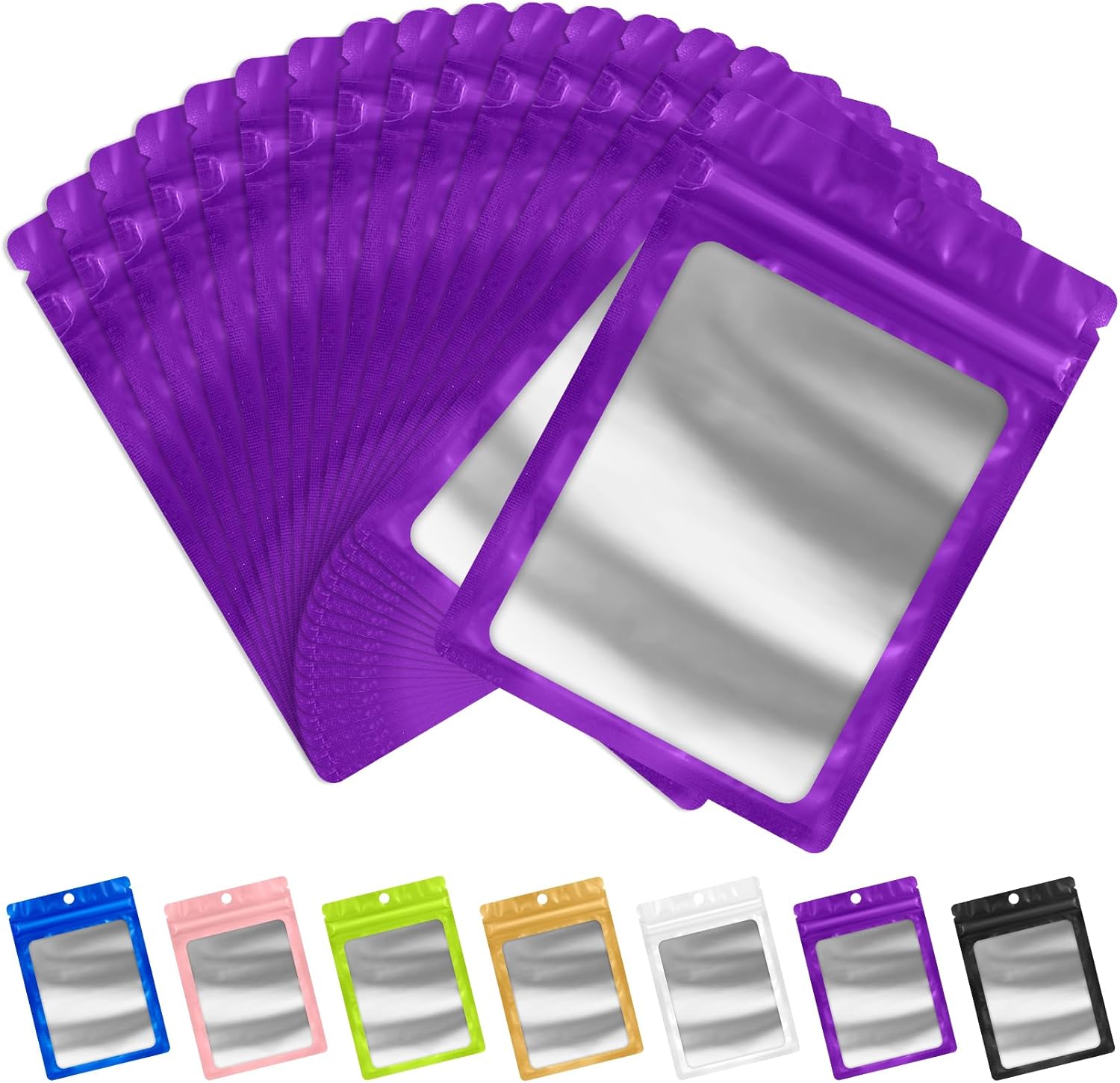 FUNFERY 100 Pack Mylar Resealable Bags Foil Packaging Bags with Clear Window,Zipper Pouch Smell Proof Bag for Food Storage,Cookies,Sample,Small Business(Purple,5.1x8.3inch)