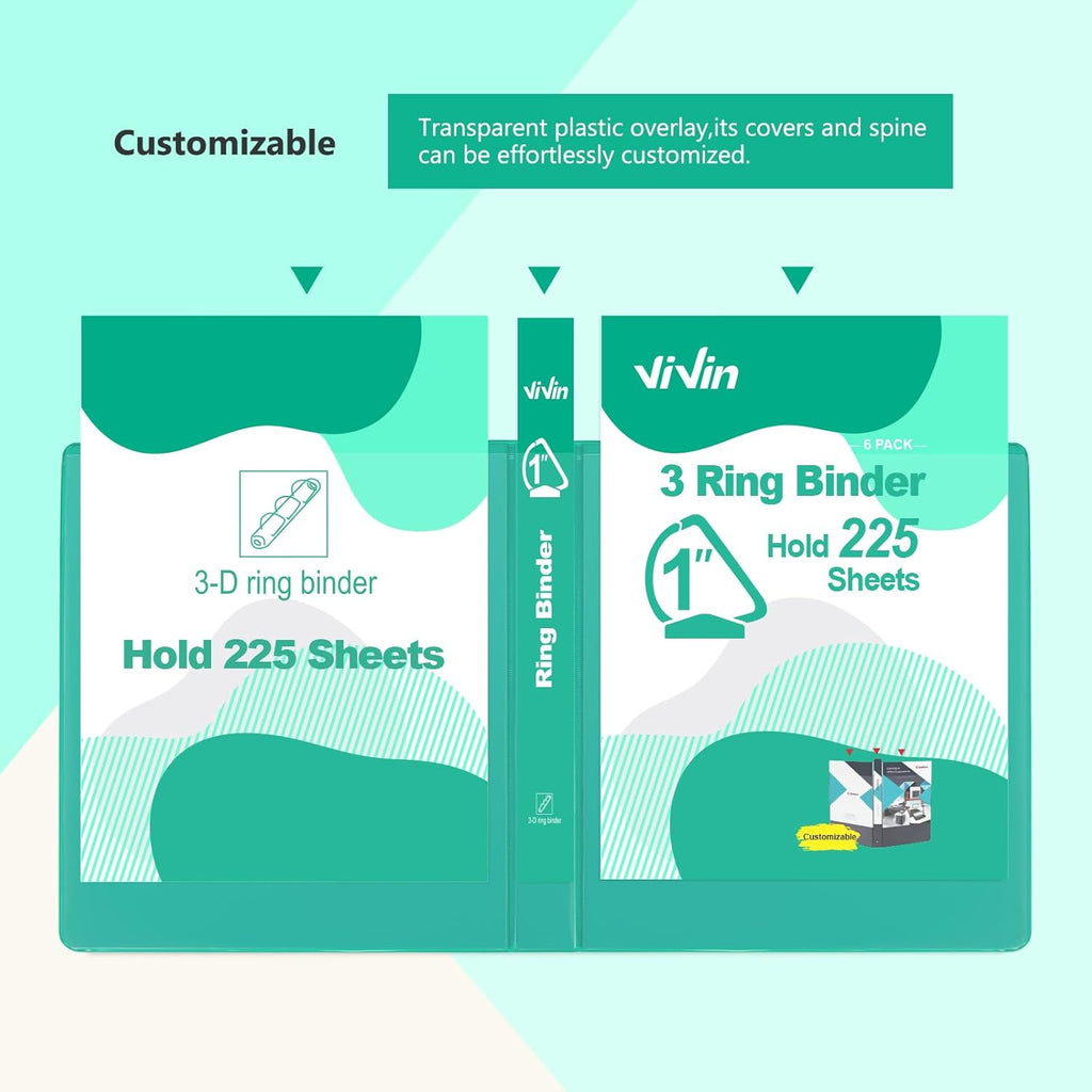 ViVin Sturdy 1 Inch D Ring Binders, 3 Ring Binders with 2 Pockets, Hold 225 Sheets of US Letter Size Paper for Office,Home,School, 6 Pack (Lake Green)