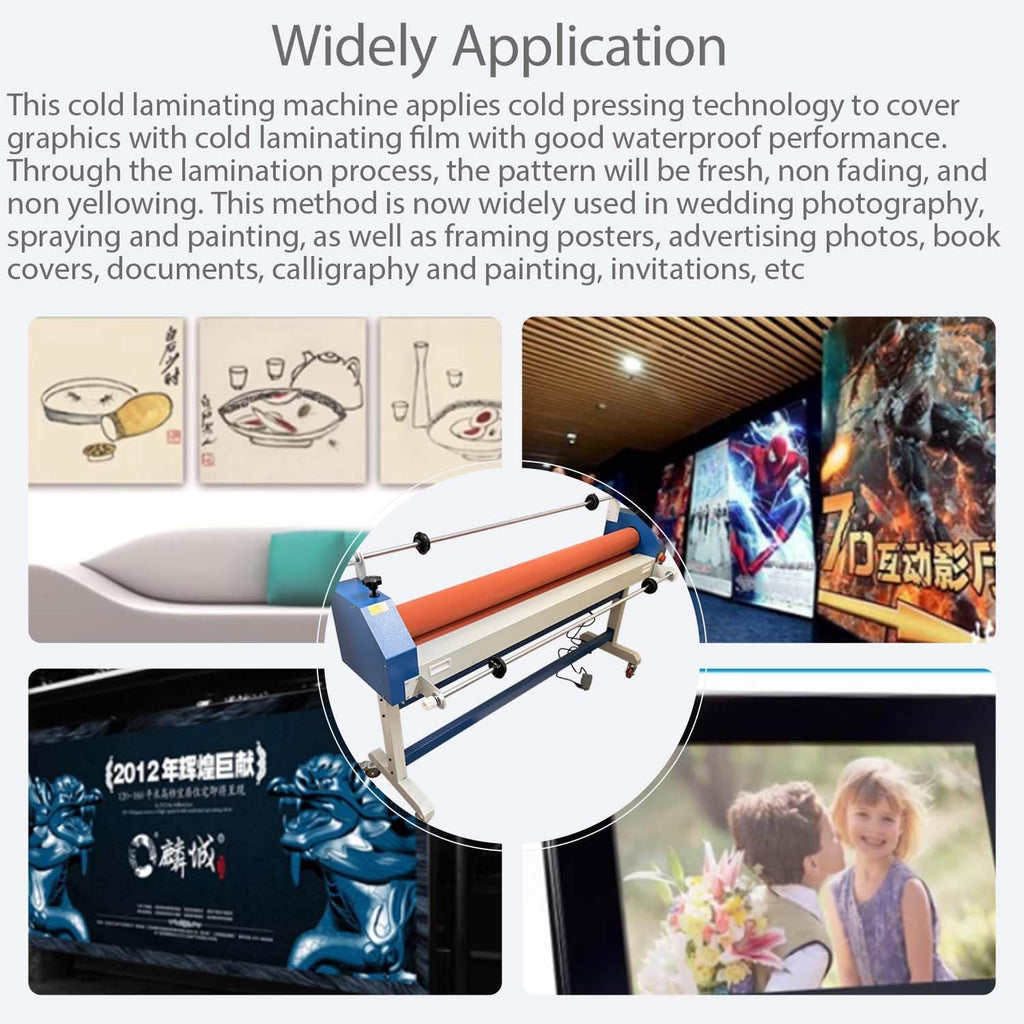 63in Industrial Cold Laminator Electric Manual Cold Roll Laminating Machine with Wide Format Film Hold Rod Casters Vinyl Photo Laminating Machine Soft Rubber Roller for Commercial Offices