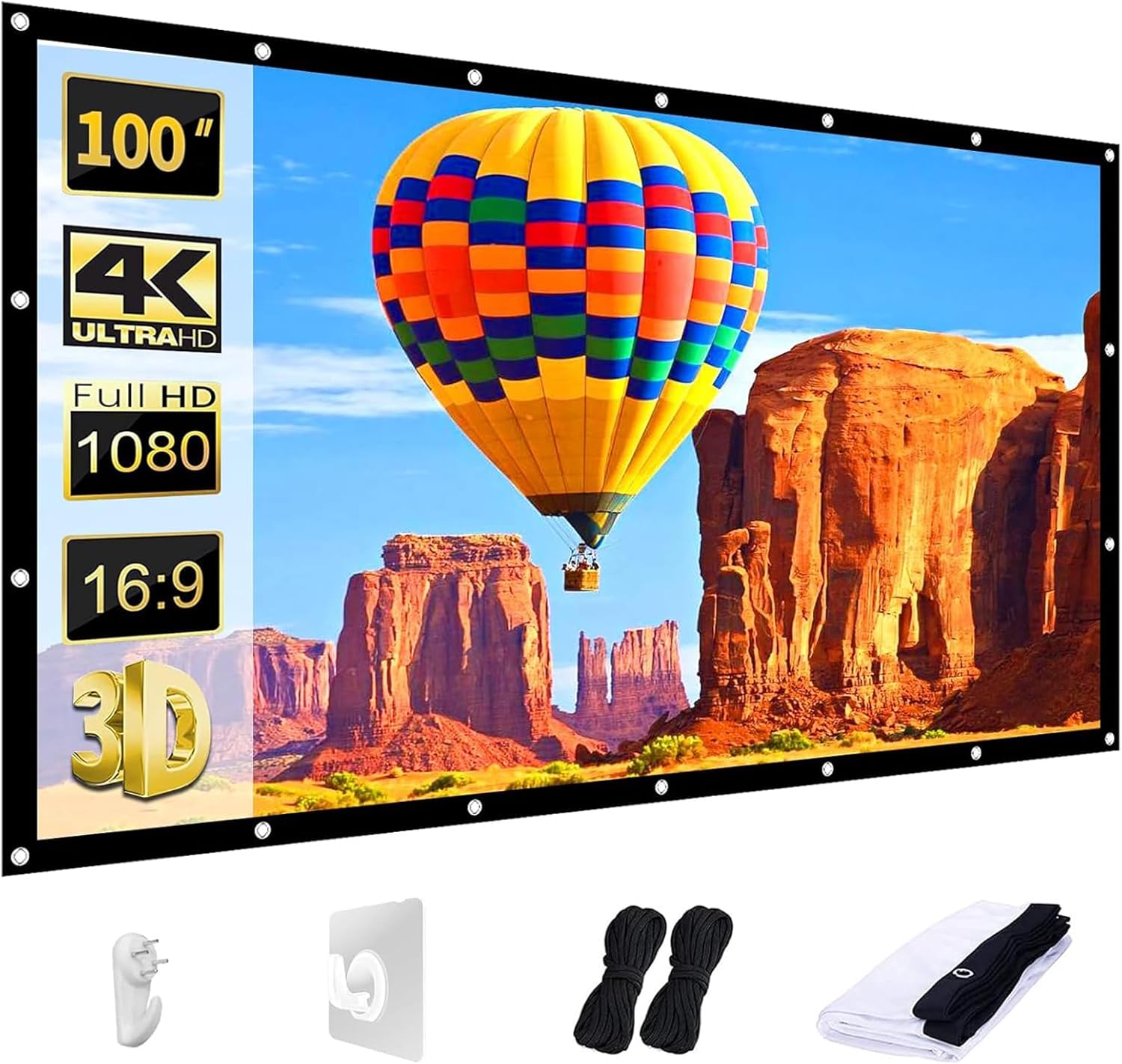 AAJK Projector Screen 100 inch, Washable Projector Screen 16:9 Foldable Anti-Crease Portable Projector Movies Screen for Home Theater Outdoor Indoor Support Double Sided Projection