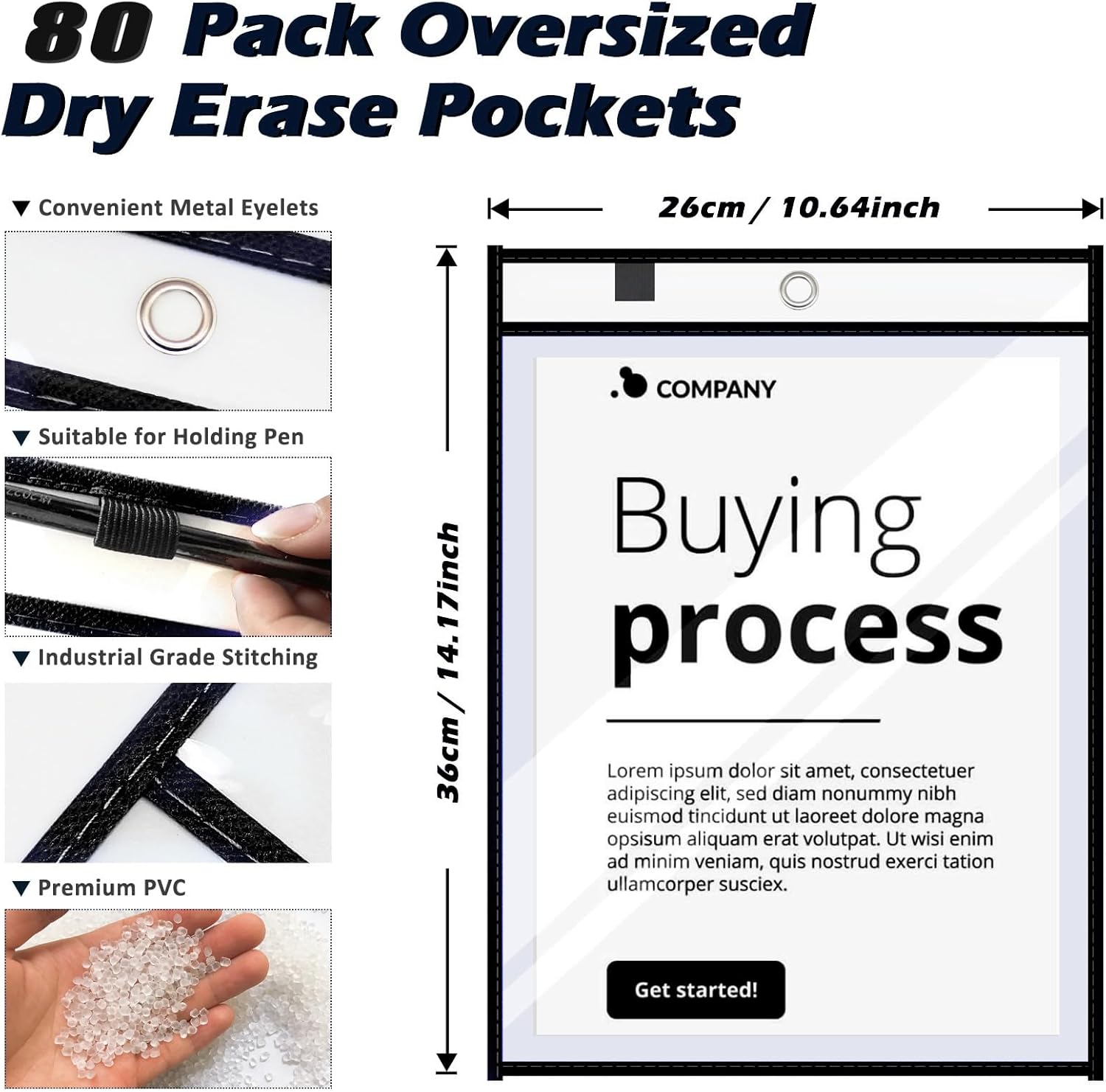 80 Packs Dry-Erase Pockets Bulk Oversized Reusable Dry Erase Pocket Sleeves with 5 Rings, 10x14 Black Ticket Holders, Clear Plastic Sheet Protectors, Teacher School Classroom Supplies