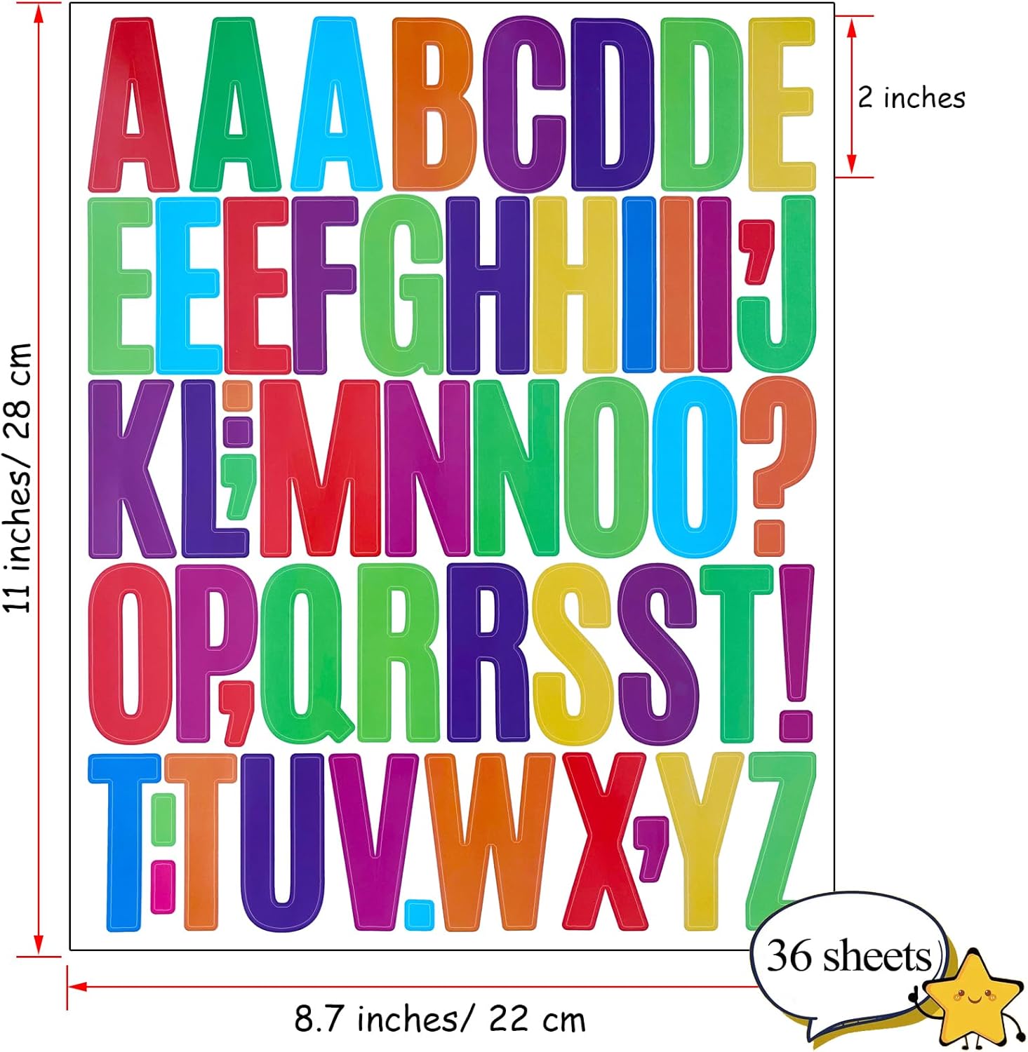 Bemeol 1872 Pieces Letter Stickers 36 Sheets 2 Inch Alphabet Letter Stickers Vinyl Self Adhesive Sticker Letters for Bulletin Board Home Classroom Mailbox Decor(Colorful)