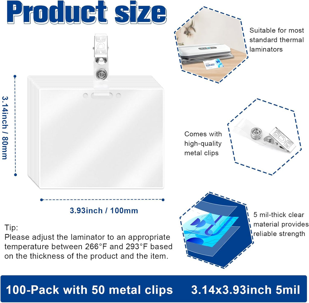 100 Pieces Laminating Pouch with 50PCS Clips Government-Size Card Laminating Pouches Luggage Tags Thermal Laminate Pouch Tags Kit Clear Laminating Pouch for Work Permits Pass Cards Student ID Cards