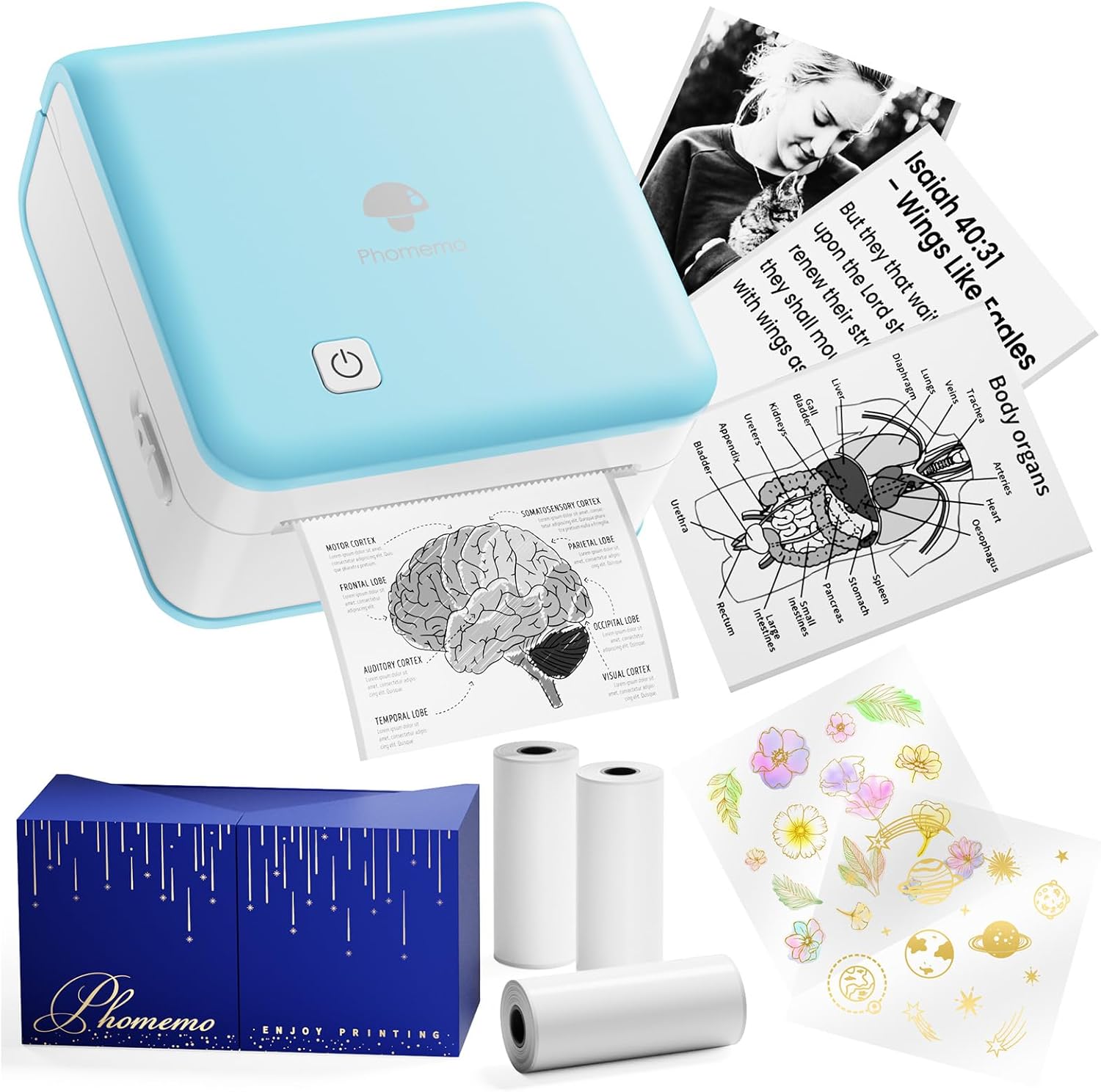 Phomemo Mini Printer Sticker Maker - Mini Sticker Printer P2S, Print Pod Pocket Machine Bluetooth Thermal Label Maker for Study Notes, Photos, List, Journal, Memo, Gift, Receipt, 3 Rolls, Cyan